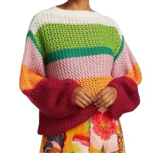 Farm Rio Rainbow Chunky Knit Crewneck Sweater Oversized Large L